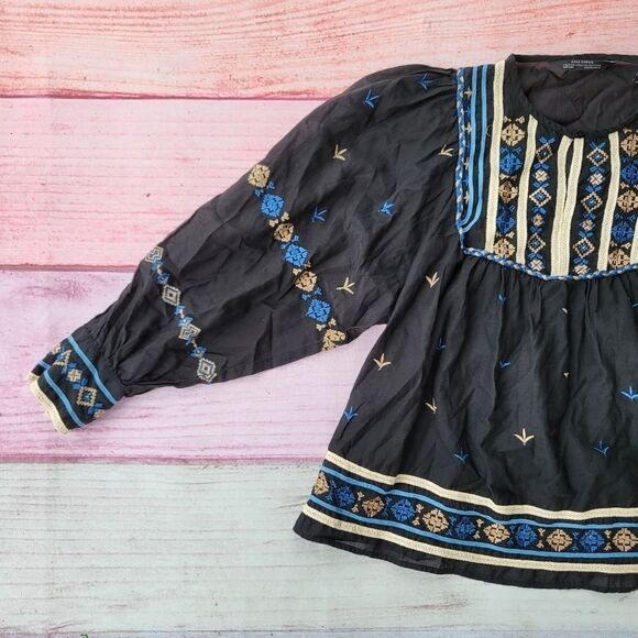 Zara Black Blue Contrast Embroidered Accents Long Sleeve Boho Peasant Blouse M - Picture 6 of 11